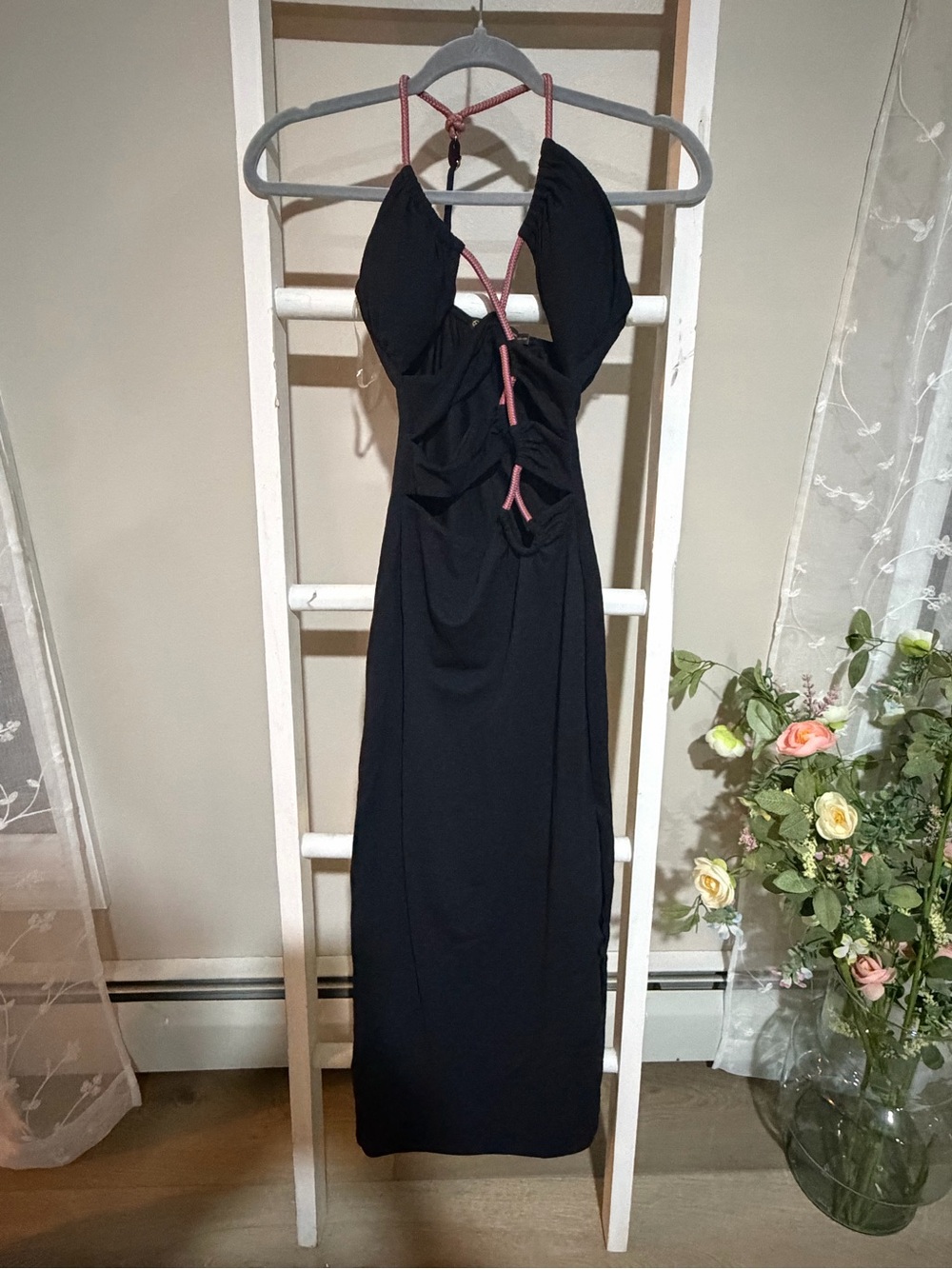 Black Halter Backless Maxi Dress with Pink Tie Accents